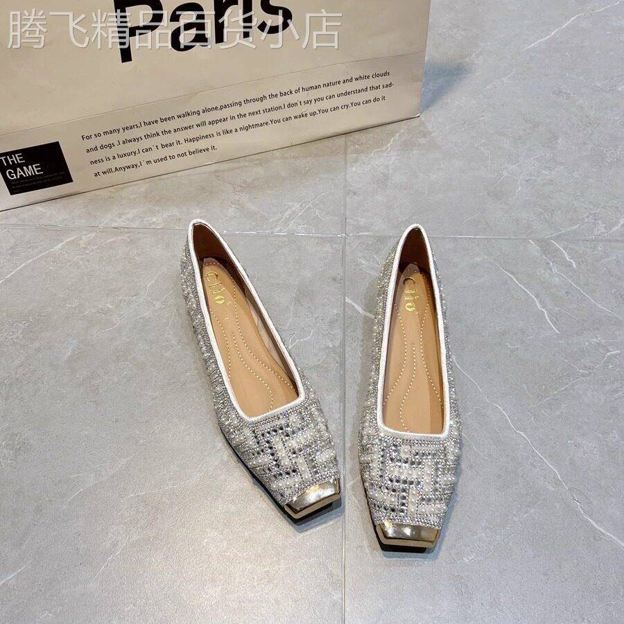 平底水钻单鞋女2025夏浅口一脚蹬方头豆豆鞋金属头内增高珍珠女鞋