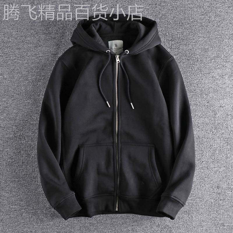 代购潮牌冬季简约刺绣宽松休闲外套加绒加厚百搭男士连帽开衫卫衣