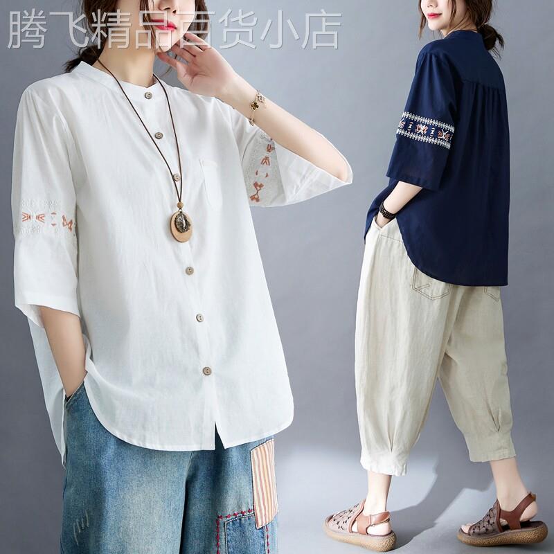 休闲短袖衬衫女夏季新款宽松大码显瘦民族风刺绣女士七分袖上衣薄