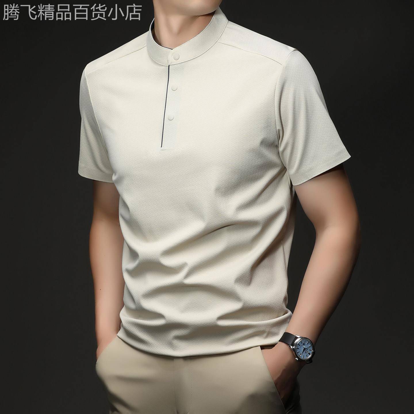 中式小立领钮扣短袖t恤男2026夏季新款冰丝滑料polo衫透气男上衣