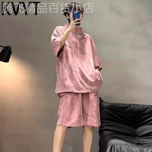 潮牌夏季套装男士2025新款美式半拉链短袖短裤两件套男款酷帅穿搭