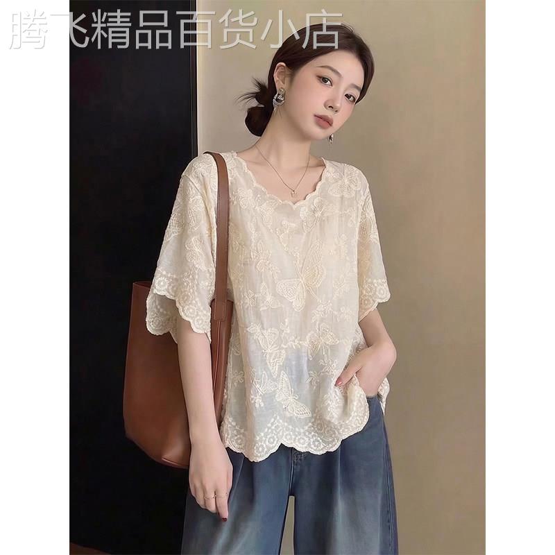 杏色通勤风V领短袖蕾丝衫女夏季欧货温柔百搭薄款显瘦娃娃衫上衣