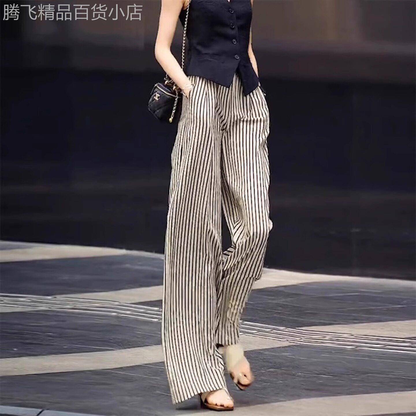 竖条纹高腰宽裤女夏薄款2026新款直筒宽松垂感休闲女士冰丝裤子