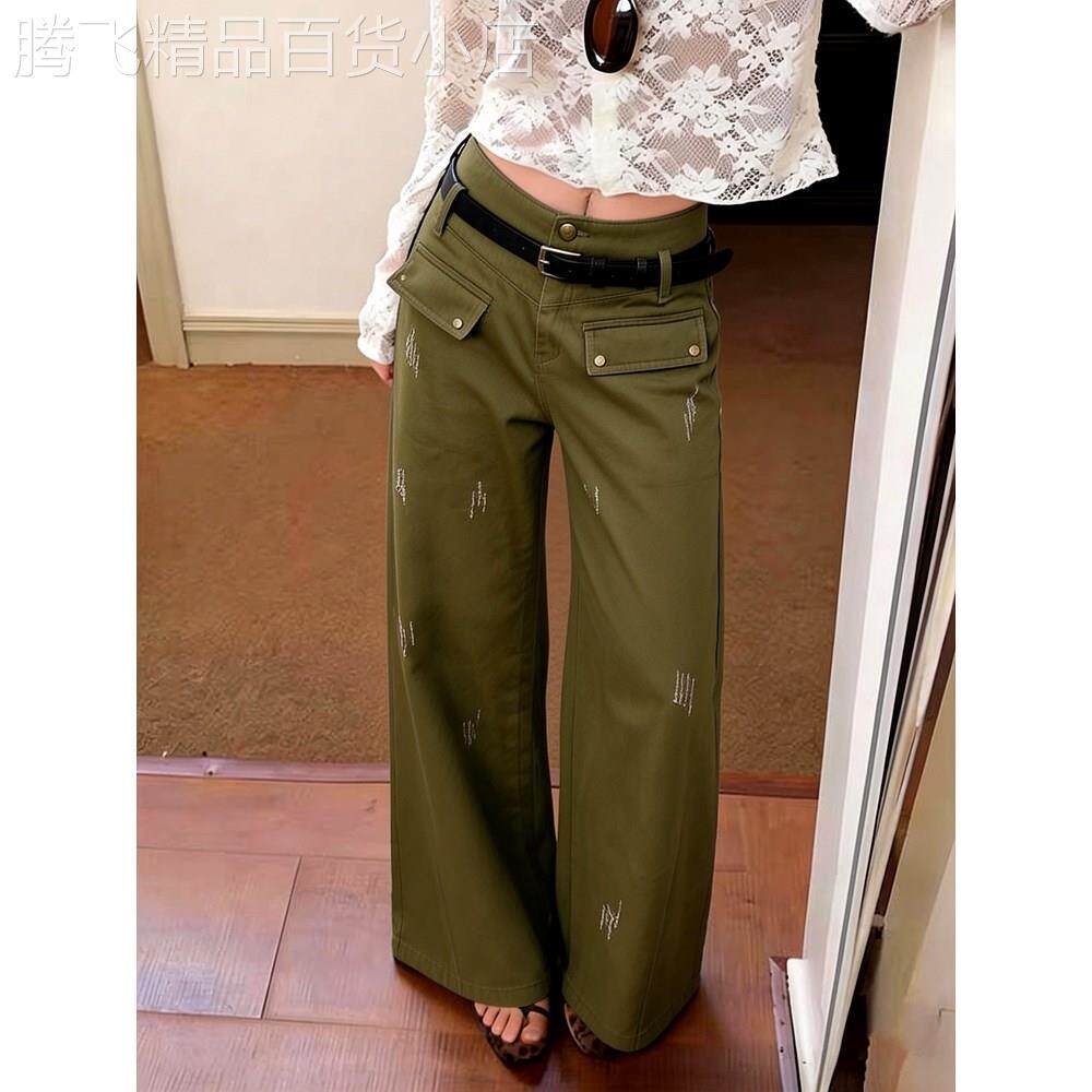 复古风设计感刺绣阔腿裤女高腰显瘦多口袋军绿色直筒裤大码2026春