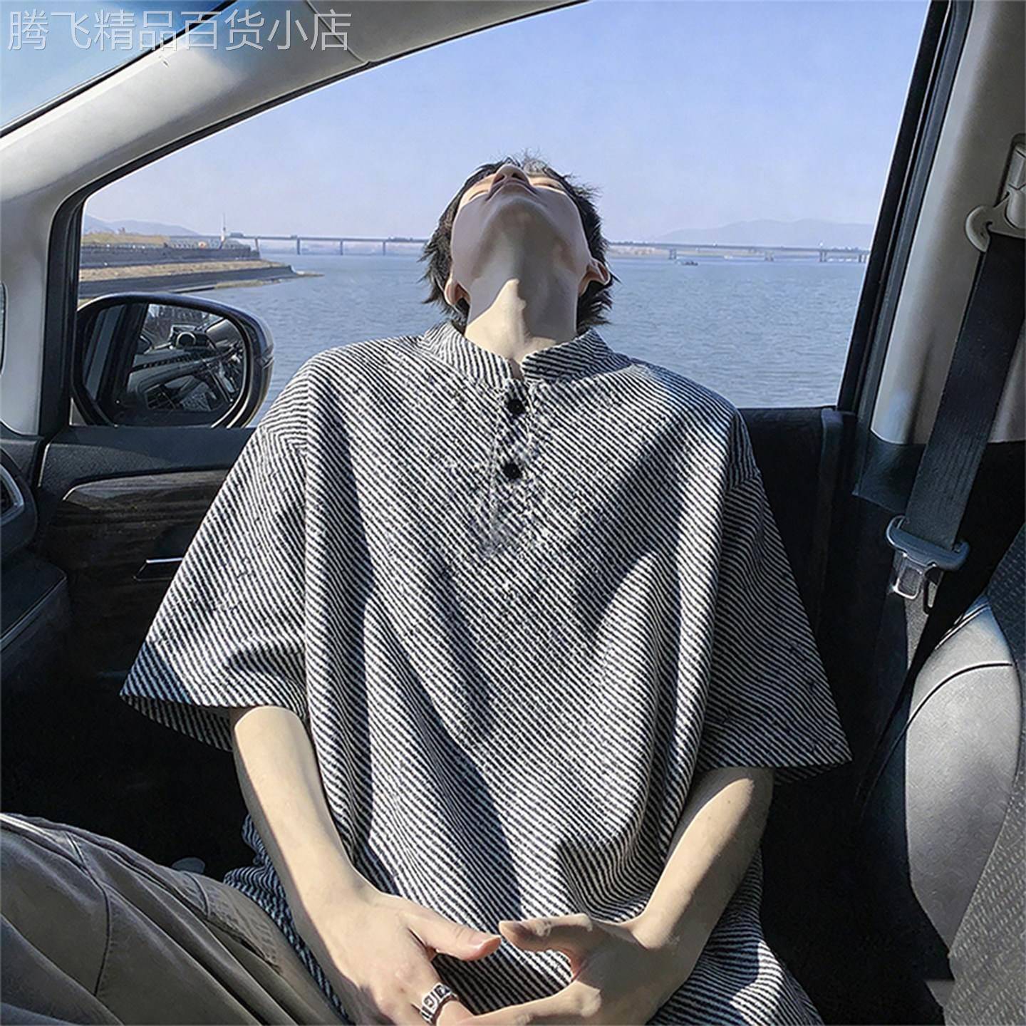 亨利领短袖T恤男士夏季美式潮牌宽松条纹半袖体恤百搭休闲五分袖