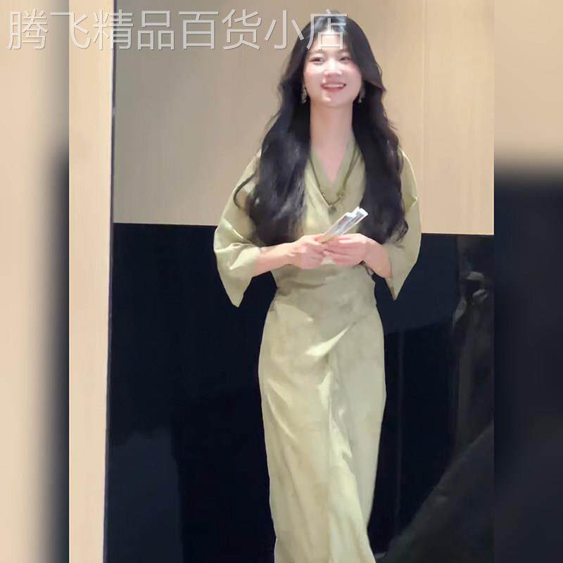 新中式女装国风绿色V领雪纺洋装收腰显瘦轻奢高级感冷淡系裙子