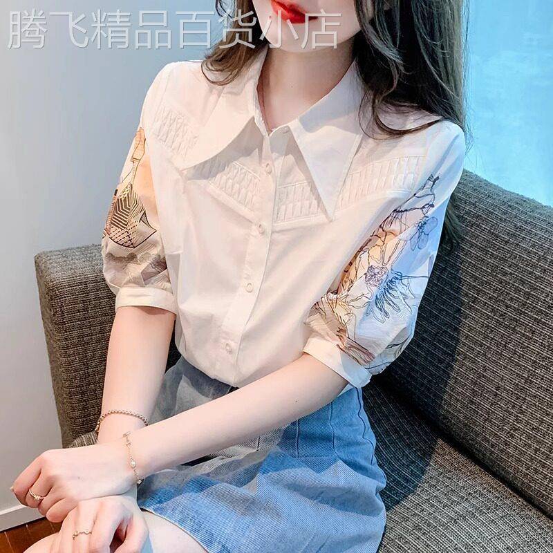 法式尖领雪纺白色衬衫女2026夏季新款印花中袖上衣设计感别致衬衣