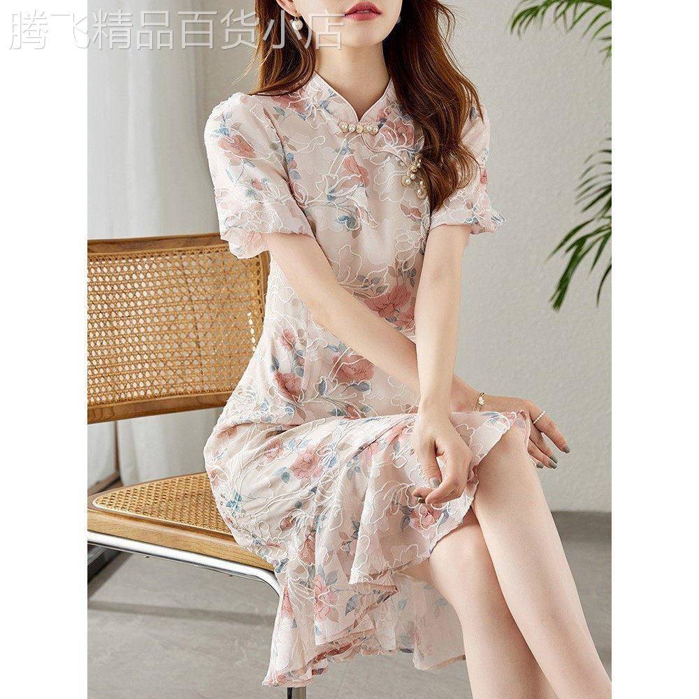 改良旗袍洋装女2025新款夏修身高级感复古盘扣雪纺碎花鱼尾裙子