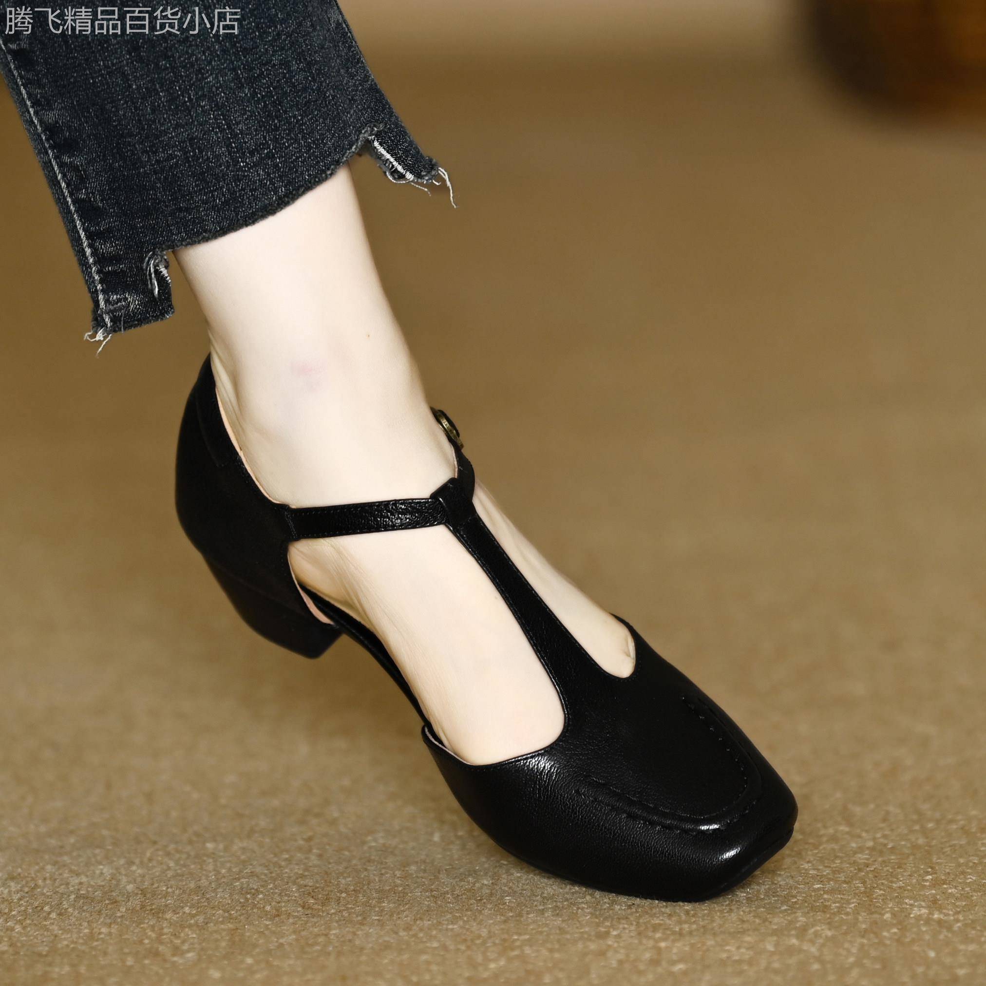 通勤夏季包头凉鞋女中跟真皮T型带浅口中空玛丽珍鞋舒适粗跟女鞋