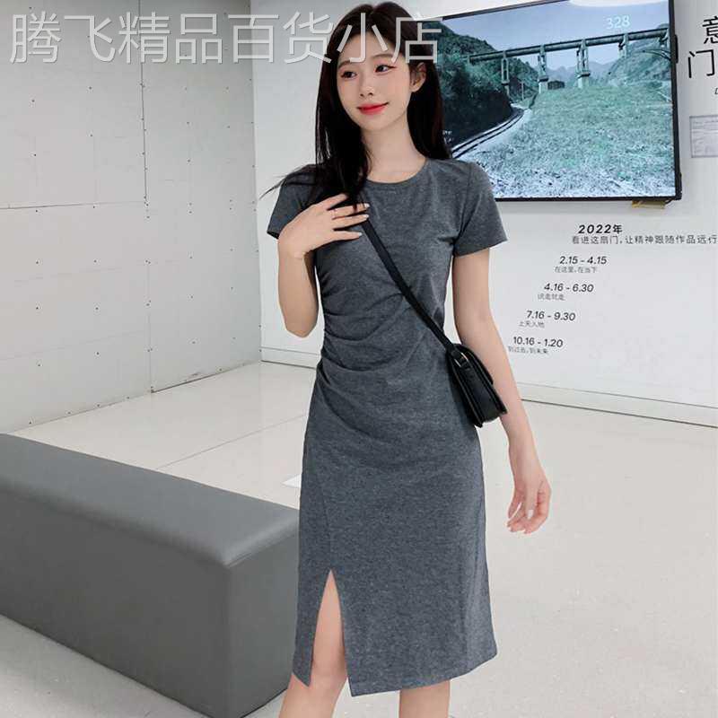 套头连衣裙女夏季2026新款法式收腰显瘦性感开叉薄款短袖中长裙子