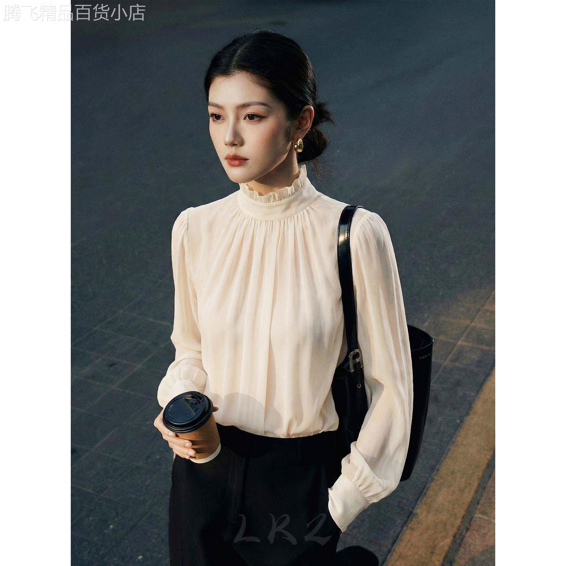 法式高级感立领衬衫女春季新款垂褶设计感灯笼袖白色简约上衣
