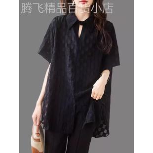 中长款遮屁股黑色衬衫女短袖夏季高级感衬衣大码宽松洋气欧货上衣
