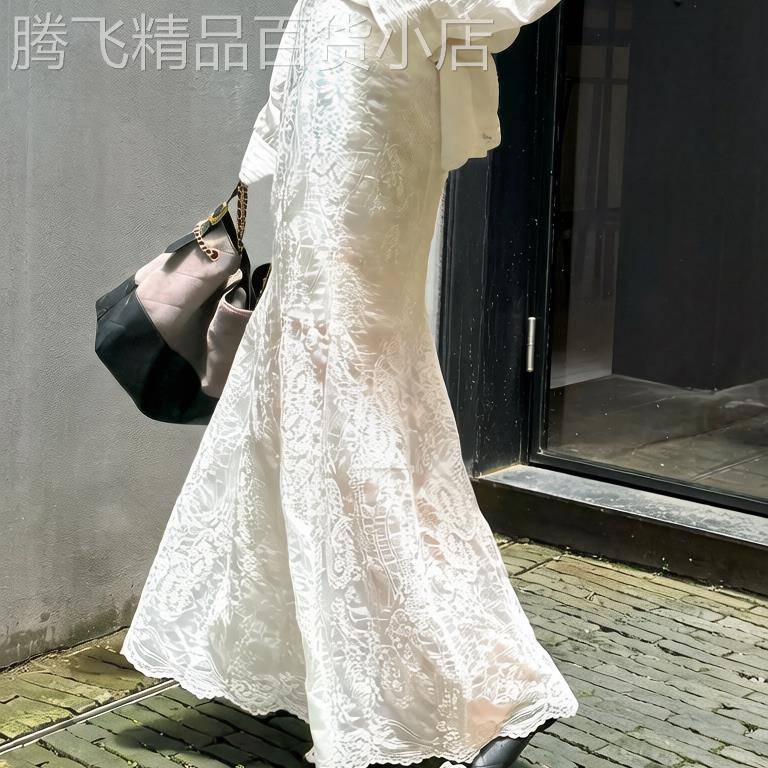 法式温柔风白色蕾丝鱼尾半身裙女夏季修身中长款松紧腰A字包臀裙