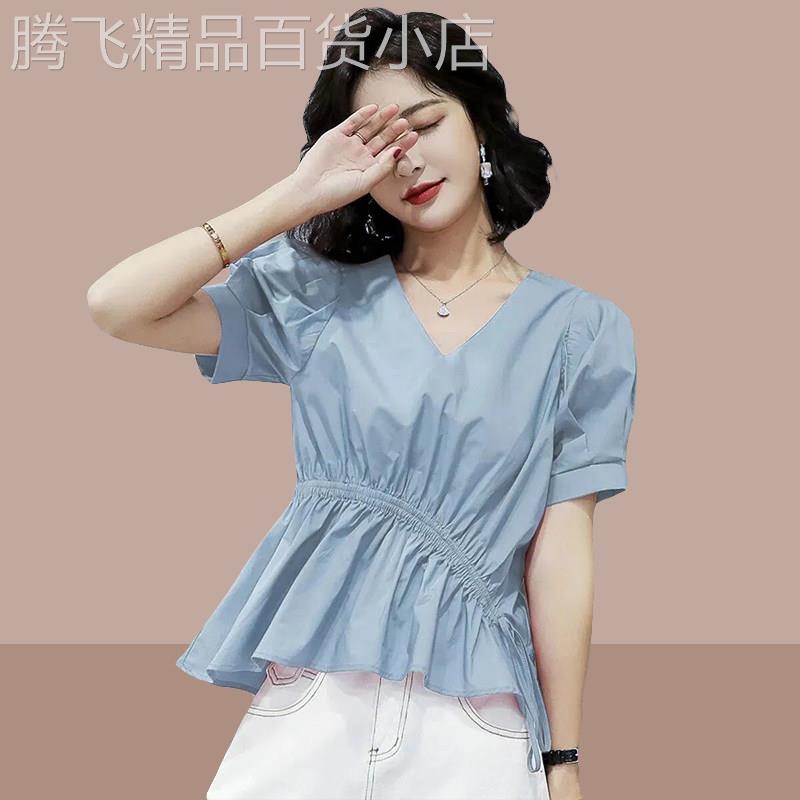 短袖衬衫女小个子夏季2025新款韩版时尚减龄百搭短款收腰V领上衣