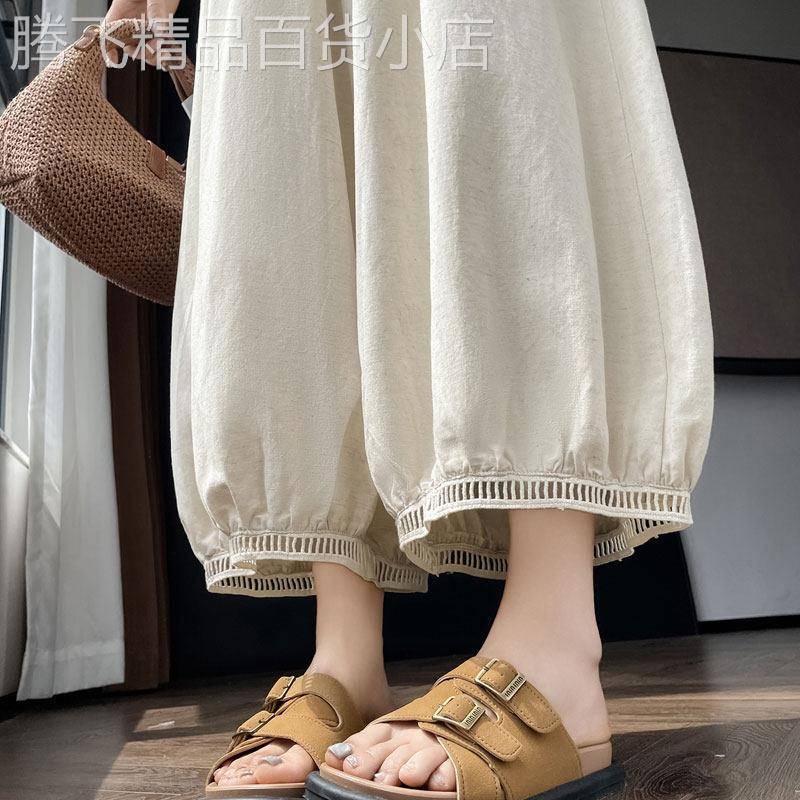 冰丝棉麻花苞灯笼裤女2026年夏季新款高腰宽松显瘦九分镂空哈伦裤