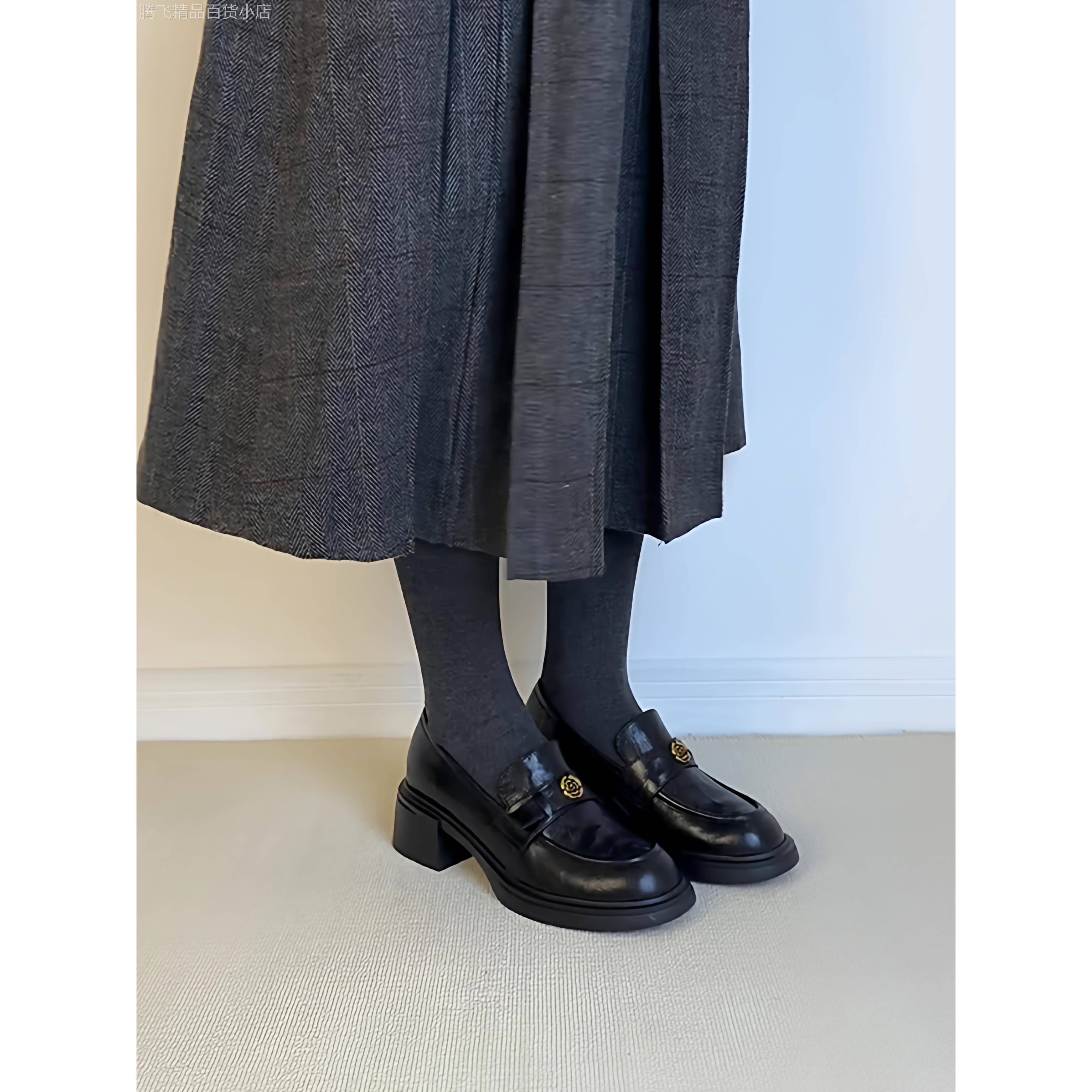 羊皮版厚底山茶花乐福鞋女2025秋英伦风单鞋粗跟通勤一脚蹬小皮鞋