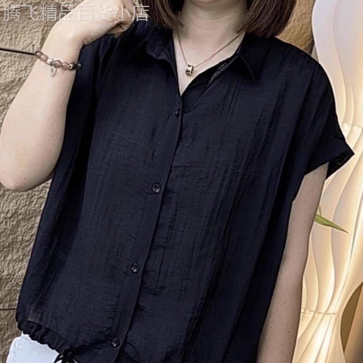 黑色翻领气质短袖衬衫女夏季欧货时尚抽绳宽松显瘦短款百搭上衣