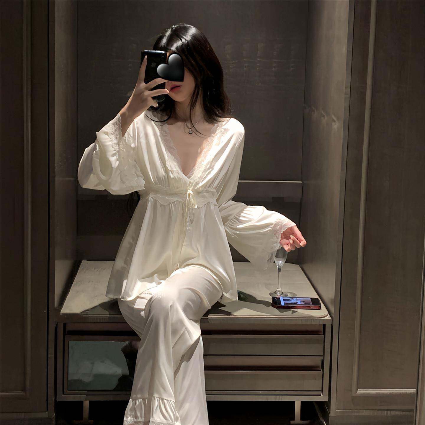 赵露思同款真丝性感睡衣女纯欲风吊带V领长袖长裤家居服三件套装