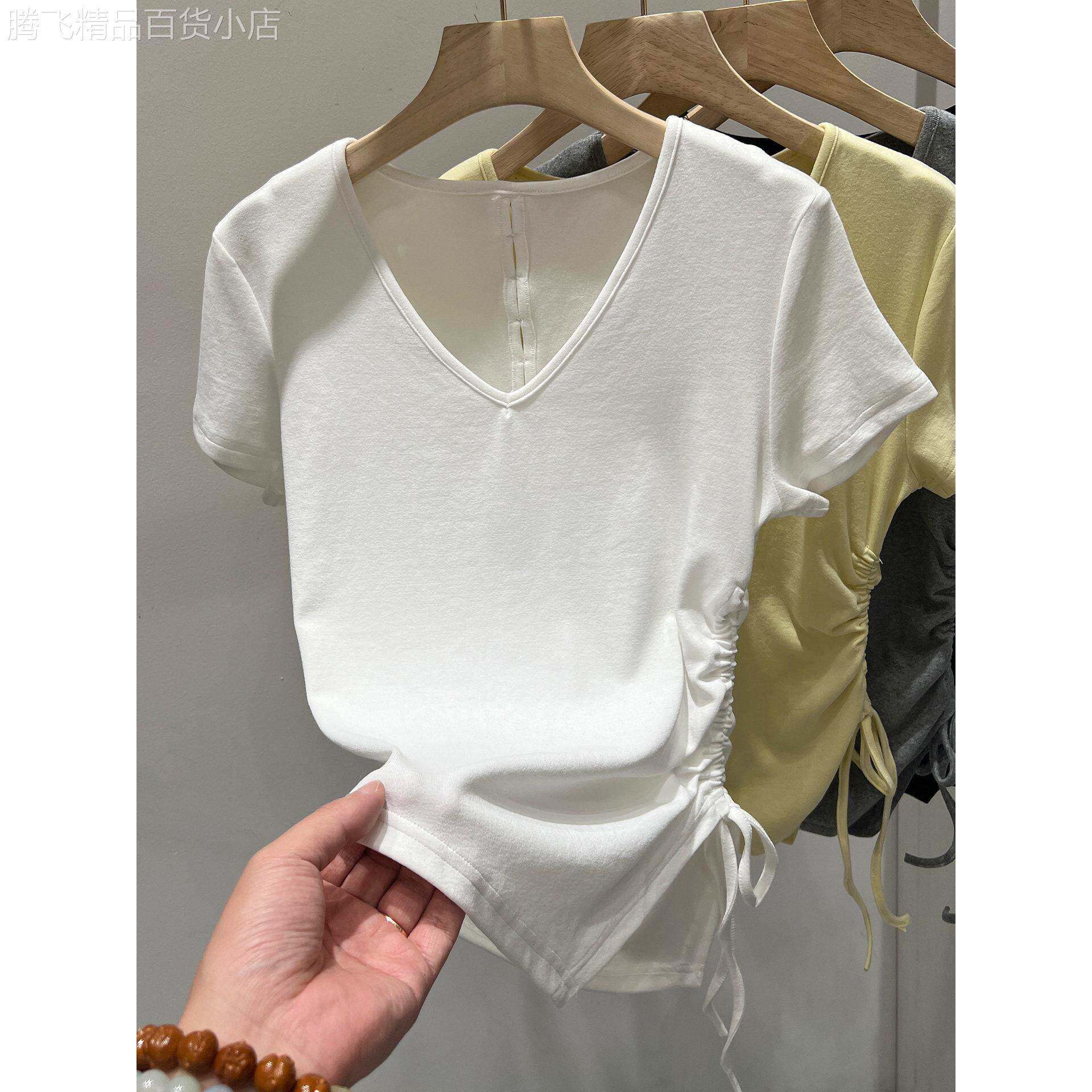 白色短袖T恤女2026夏季新款抽绳下摆镂空透气收腰显瘦打底衫上衣
