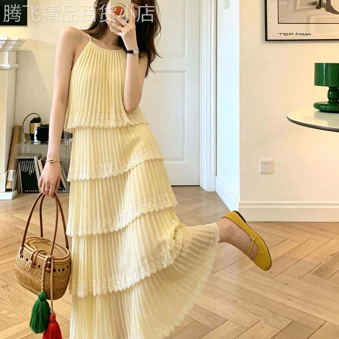 法式气质黄色蕾丝边吊带洋装女2026夏新款独特蛋糕裙无袖长裙子
