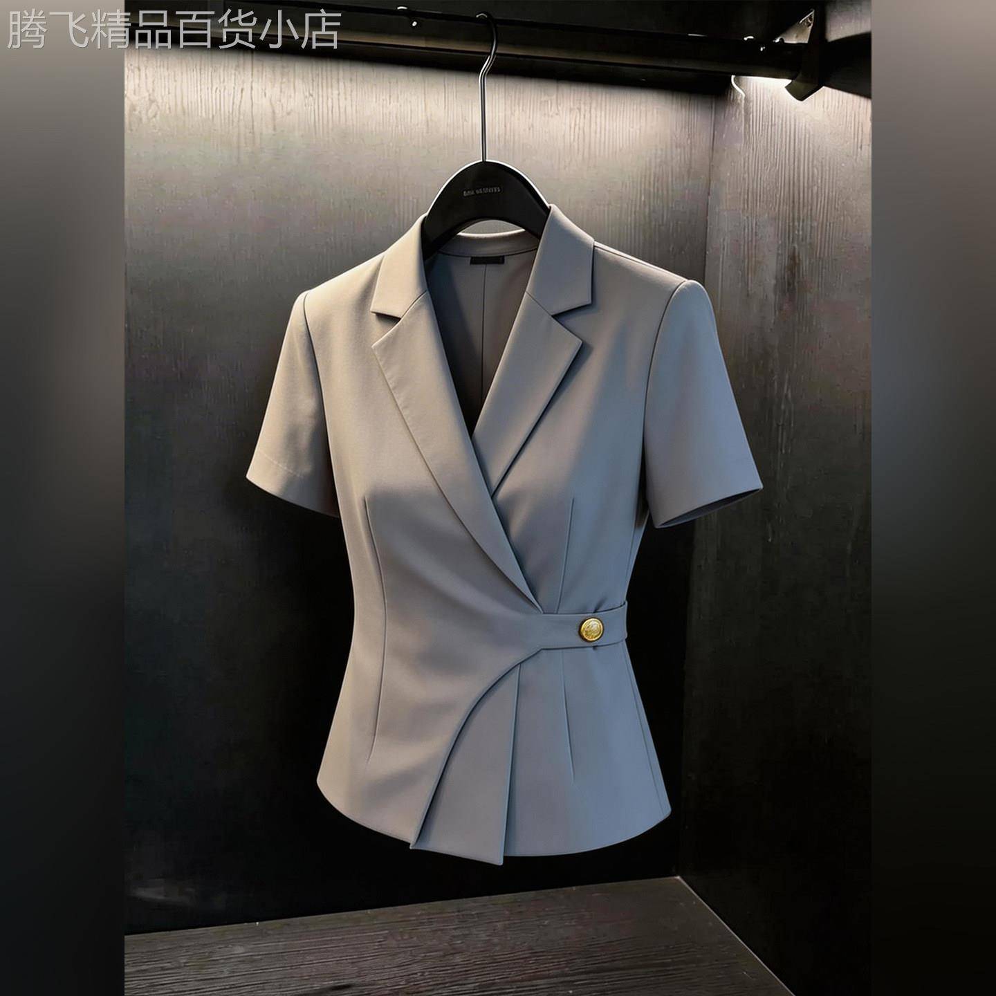 灰色短袖西装外套女2026春夏新款收腰显瘦设计感时尚气质大尺码上