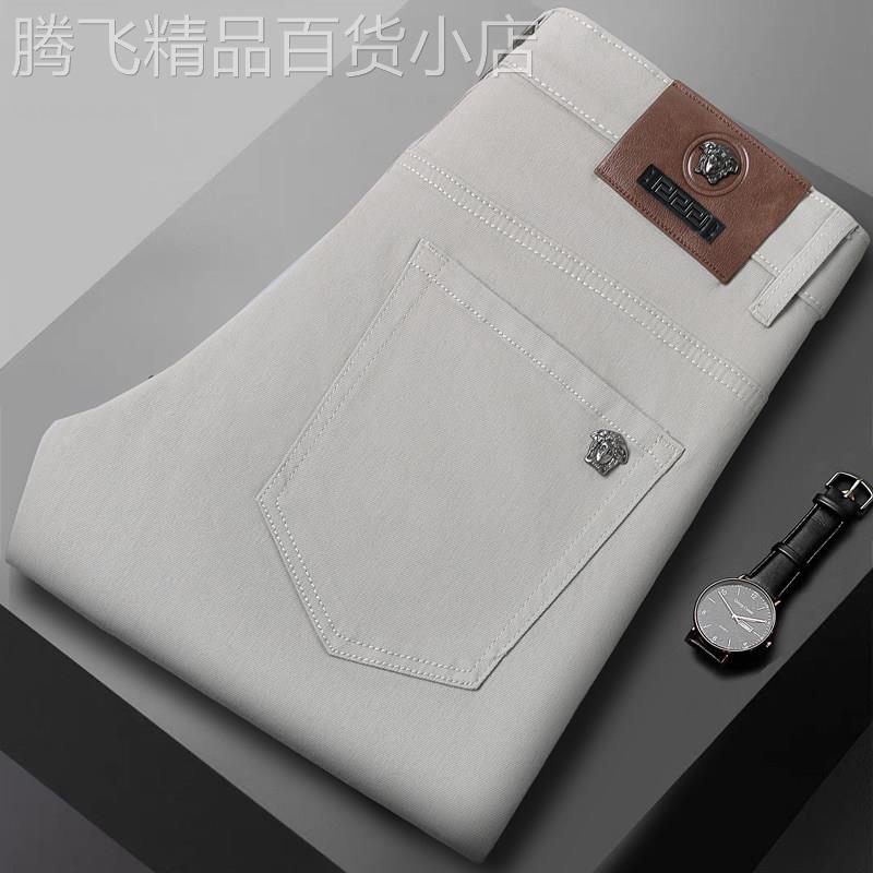 意大利高端夏季灰绿色牛仔裤男修身小直筒弹力薄款欧货休闲长裤