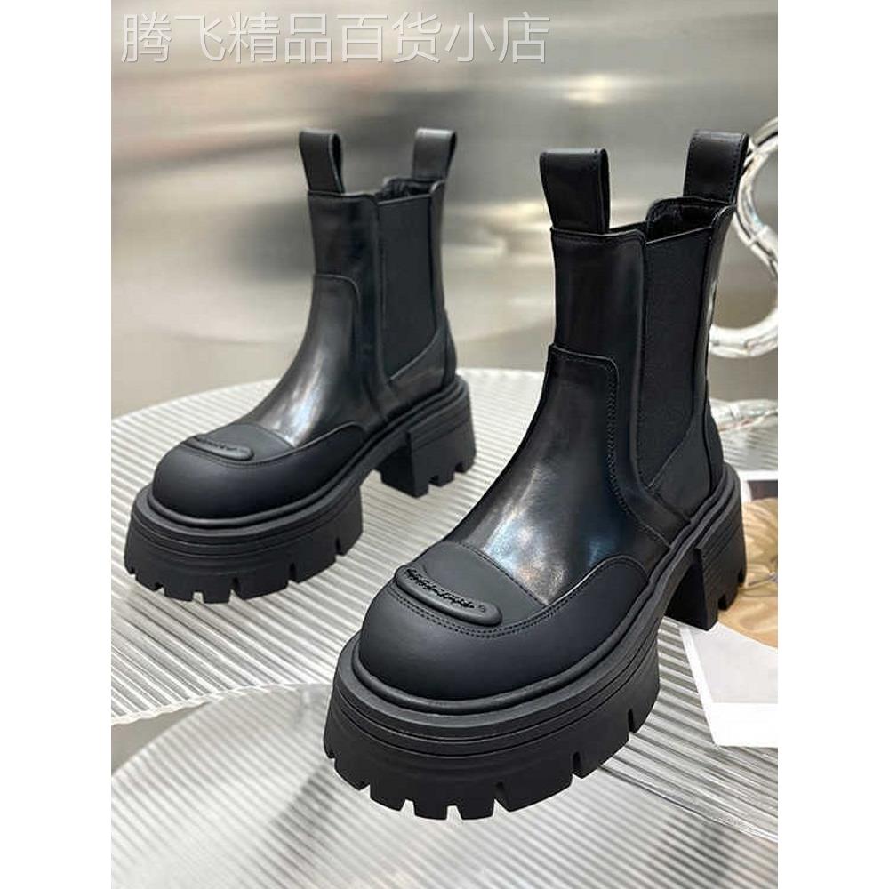 香港切尔西短靴烟筒靴2025秋冬新款厚底显腿直百搭马丁靴子女真皮