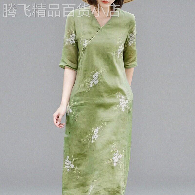 棉麻短袖洋装女夏季新款覆古中式国风斜襟刺绣中长版改良旗袍裙