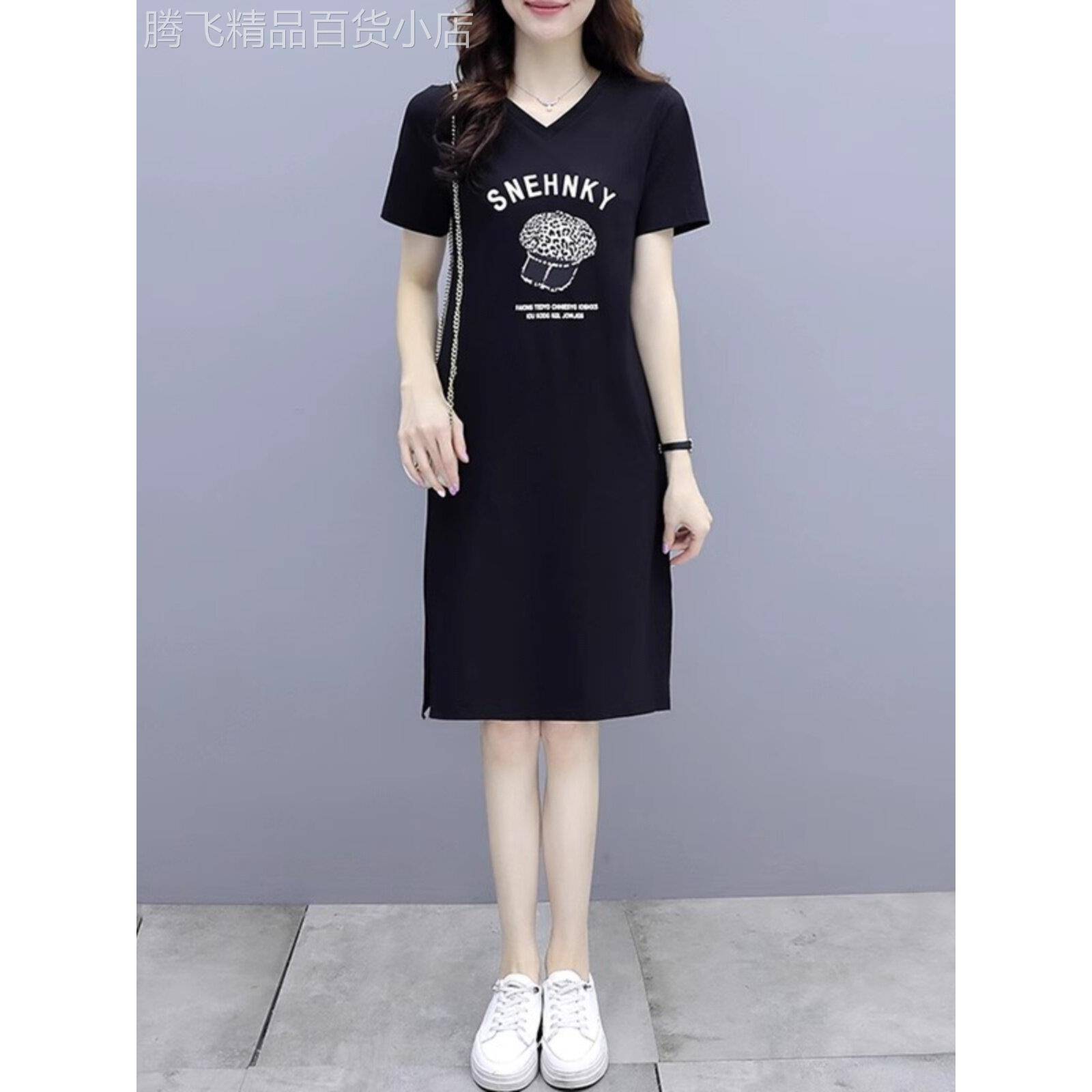 中长小t恤连衣裙的妇女夏季2025年新的简单休闲运动修身大尺寸短