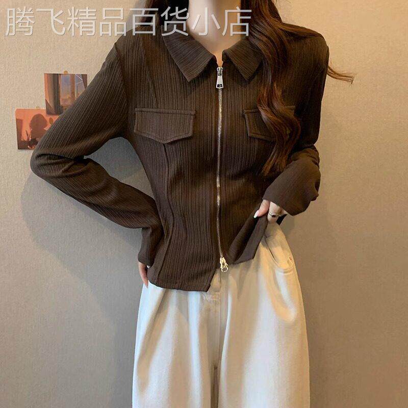 大码卫衣女春秋2025新款修身短款覆古设计感双拉炼Polo领长袖上衣
