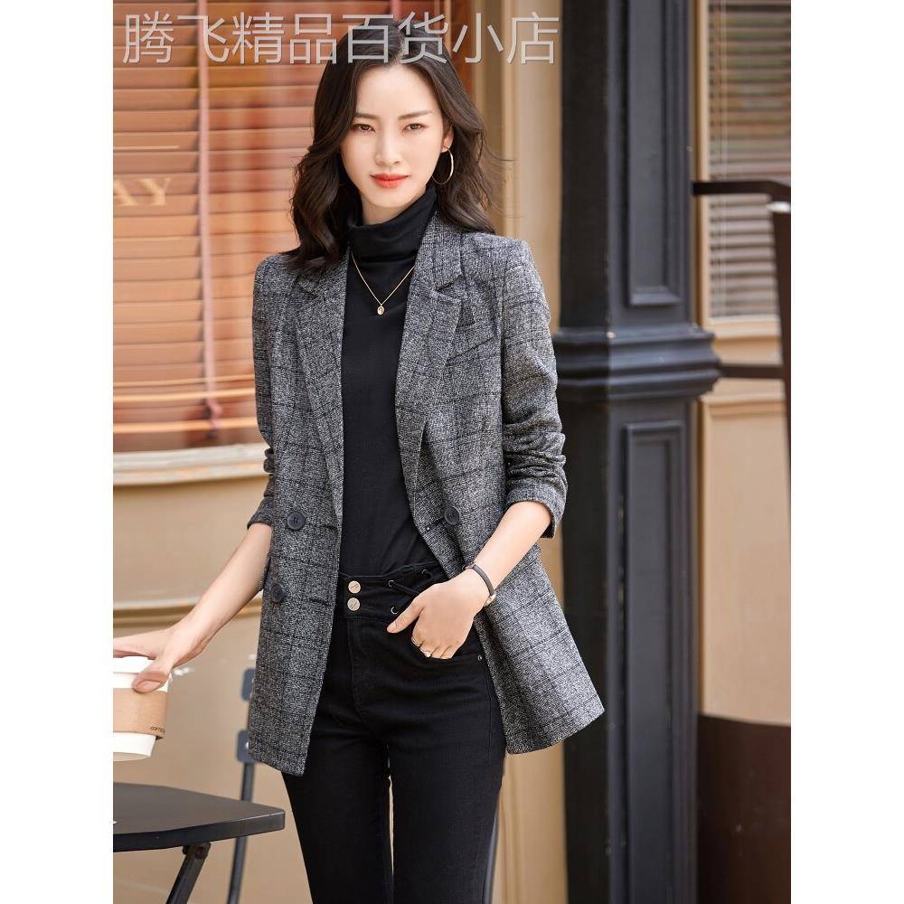 灰色格子西装外套女中长款2025春秋新款修身显瘦高级感小西服外套