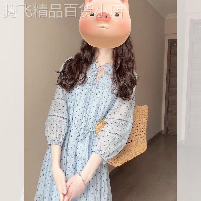 茶歇法式蓝色波点连衣裙女2026春季新款高级感独特超好看中袖裙子