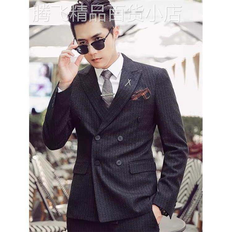 双排扣西装男新郎结婚礼服韩版潮流修身英伦大码男士休闲西服套装
