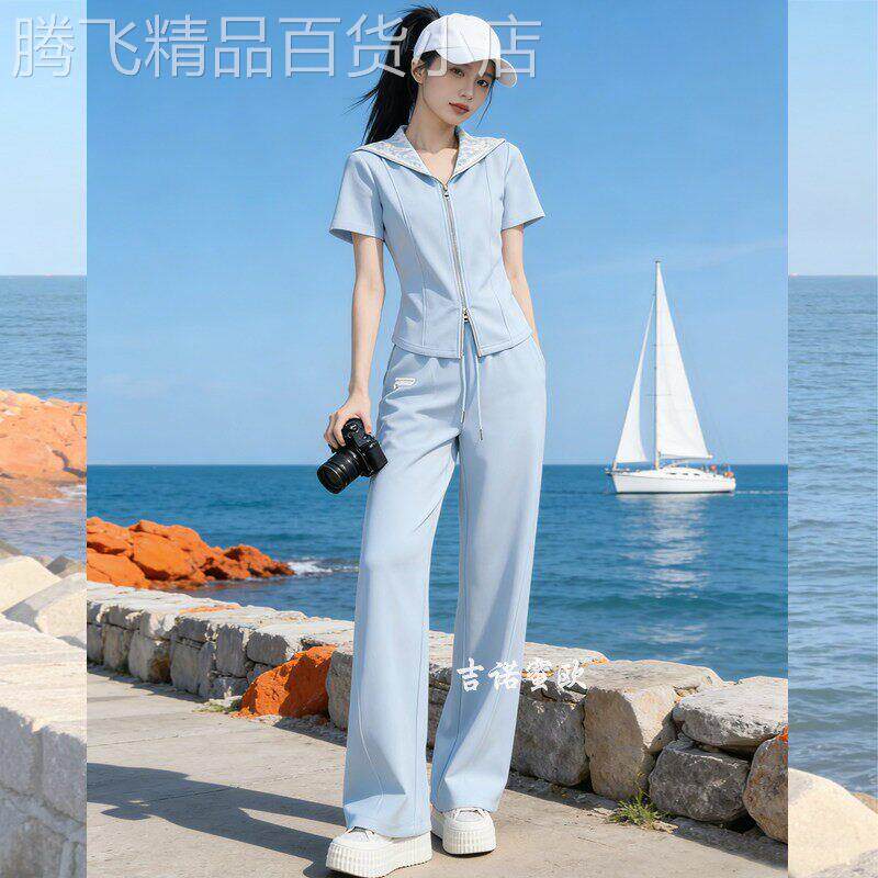 正品2026夏设计感休闲运动套装女减龄拼接蕾丝短袖阔腿裤两件套女