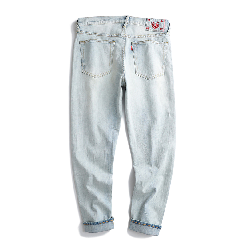 春秋赤耳牛仔裤男修身小脚韩版显瘦磨花洗水浅蓝舒适裤子大码百搭