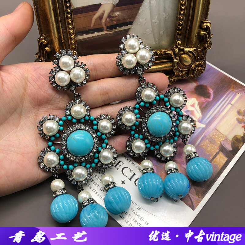 中古vintage感复古轻奢蓝色耳钉