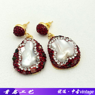 异形巴洛克珍珠碧玺耳饰镶红色捷克钻女耳坠耳钉法式设计厂家