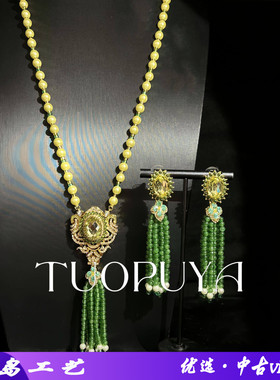 中古风密镶满钻长款珍珠项链感绿