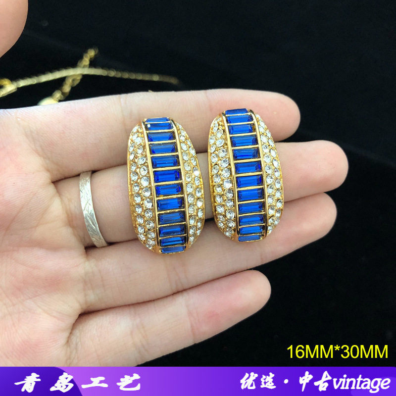 新款潮蓝宝石项链耳环套装中古西洋铜链条镀真金颈链耳饰气质百搭