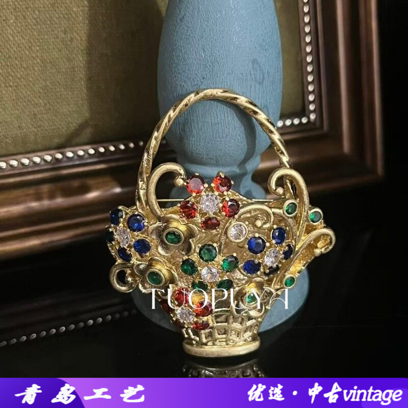 中古复古宫廷风金色花篮镶彩钻胸