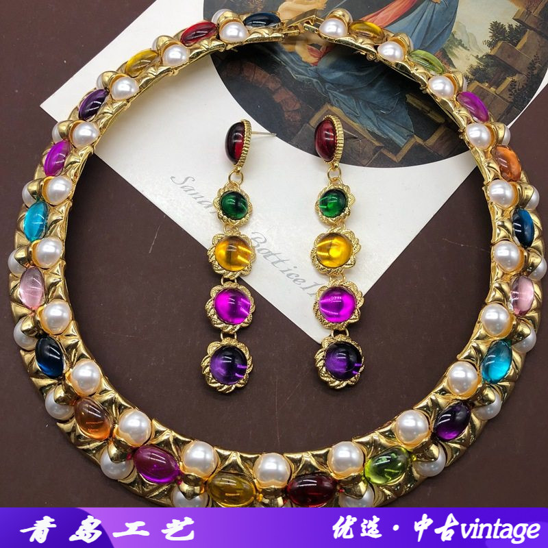 vintag百搭项链重工镀真金彩色琉