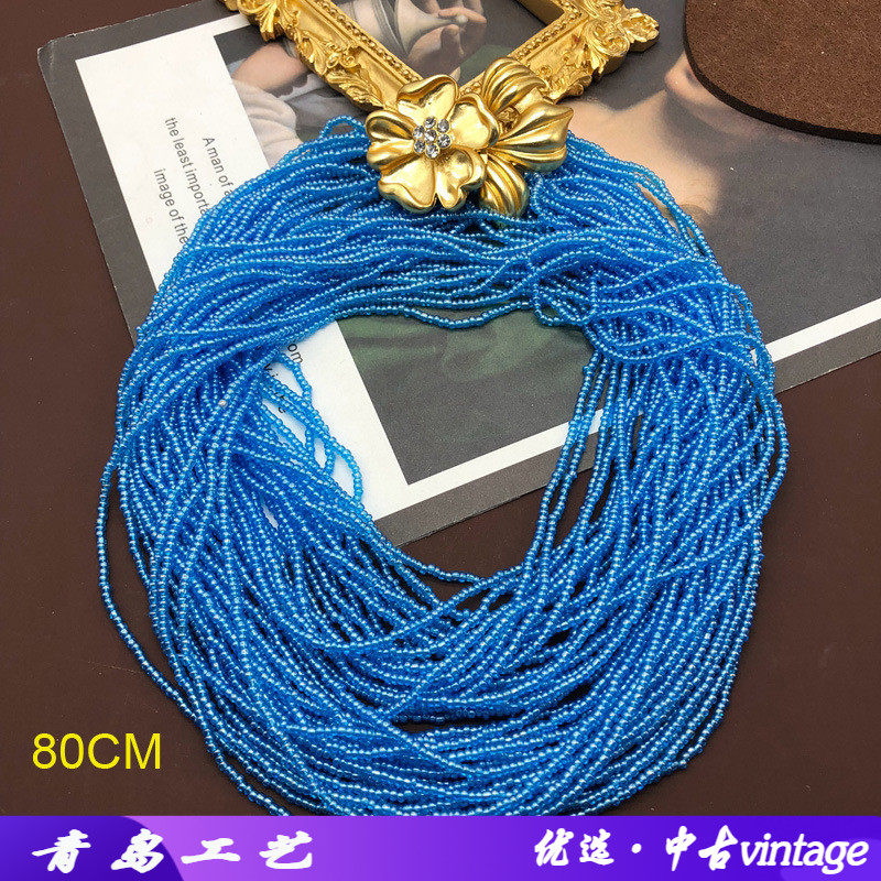 西洋蓝色小米珠颈链镶钻花朵多层珠子开关项链吊坠毛衣链