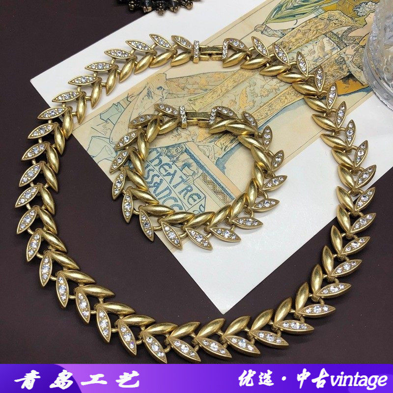 西洋中古风首饰树叶造型做旧俄真金项链手链轻奢优雅镶钻百搭套装