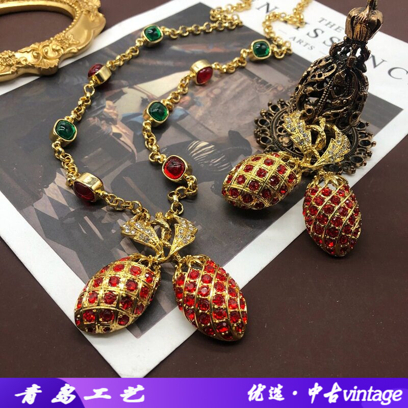 西洋中古红宝石钻菠萝项链胸针套