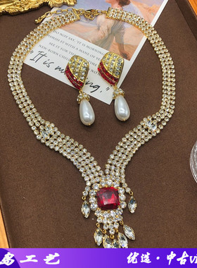 西洋中古新款夸张红色宝石钻复古项链耳环套装个性潮流锁骨链女