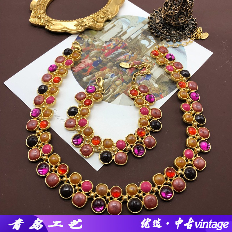 西洋中古vintage项链手链镀真金雾金彩色琉璃镂空镶宝石钻套装