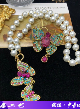 文艺复古风镶彩色钻蝴蝶流苏项链