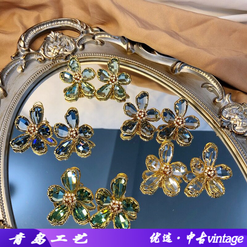 西洋中古镀真金铜材质爪镶水晶花