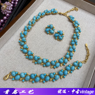 新款 优雅宫廷风绿松石翠法丽vintage中古项链波西米亚耳环手链