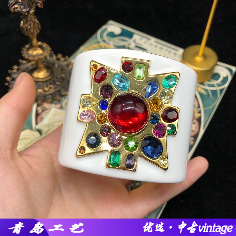 欧美重工西洋中古白色珐琅釉红宝